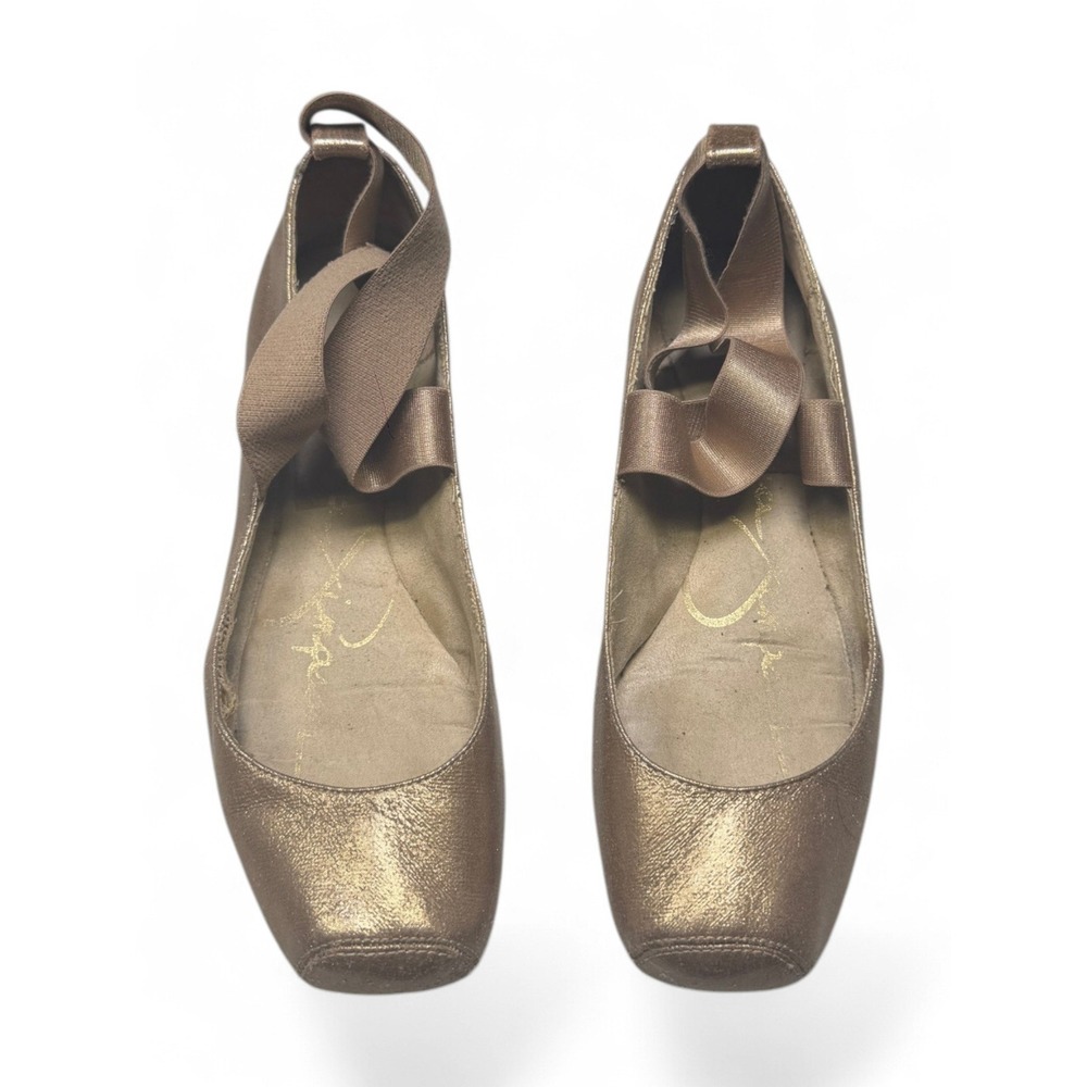 Jessica Simpson Metallic Gold Square Toe Ballet Flats Ribbon Ankle Straps Womens